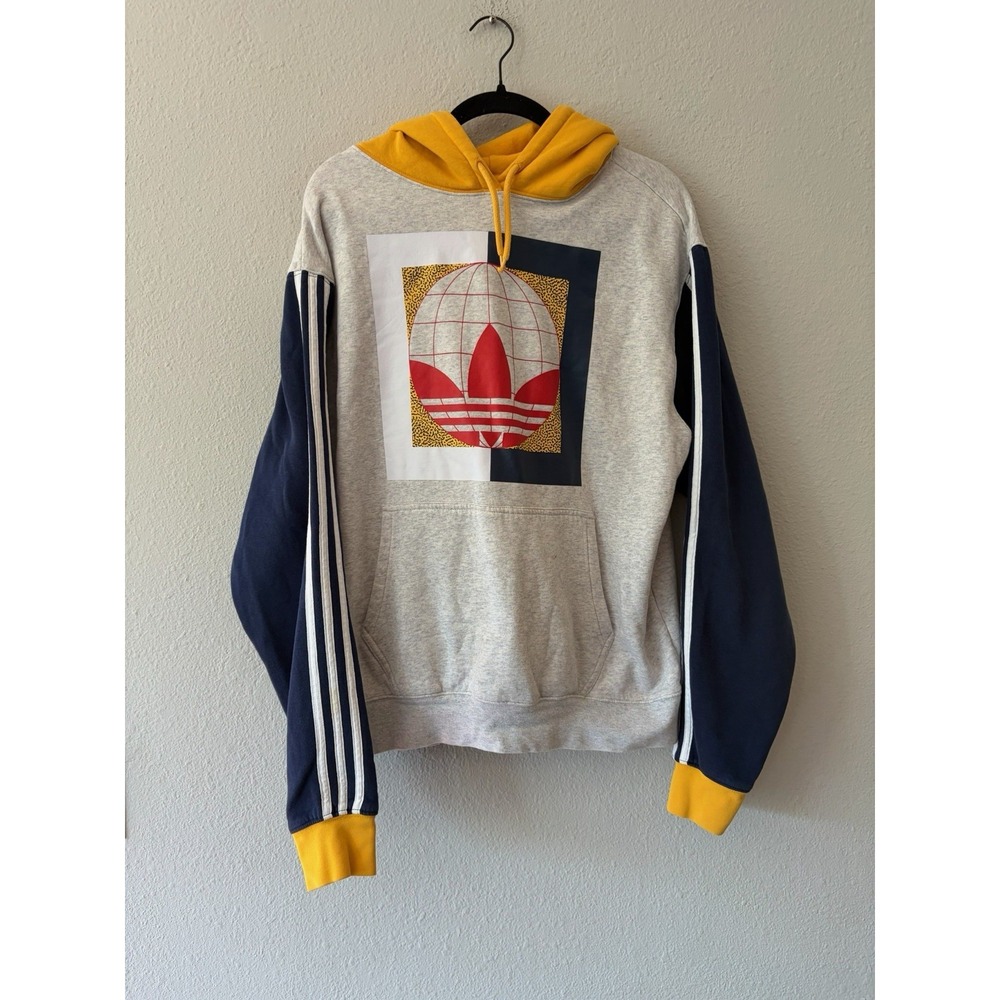 Adidas Originals Globe Hoodie Mens Size Medium Colorblock Gray Blue Yellow